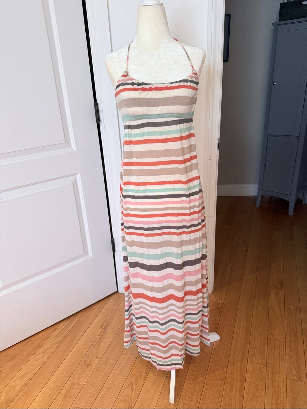 Striped Halter Maxi Dress in Coral, Mint & Taupe